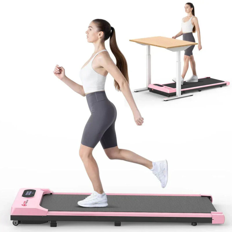 Under Desk Treadmill 1-6KM/H Walking Jogging Machine for Home Office with LED Display Without Handrail - Pink