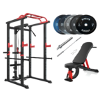 150kg Bumper Plates + Power Multi Cage + Adjustable Weight Bench + Olympic Barbell 6ft or 7ft