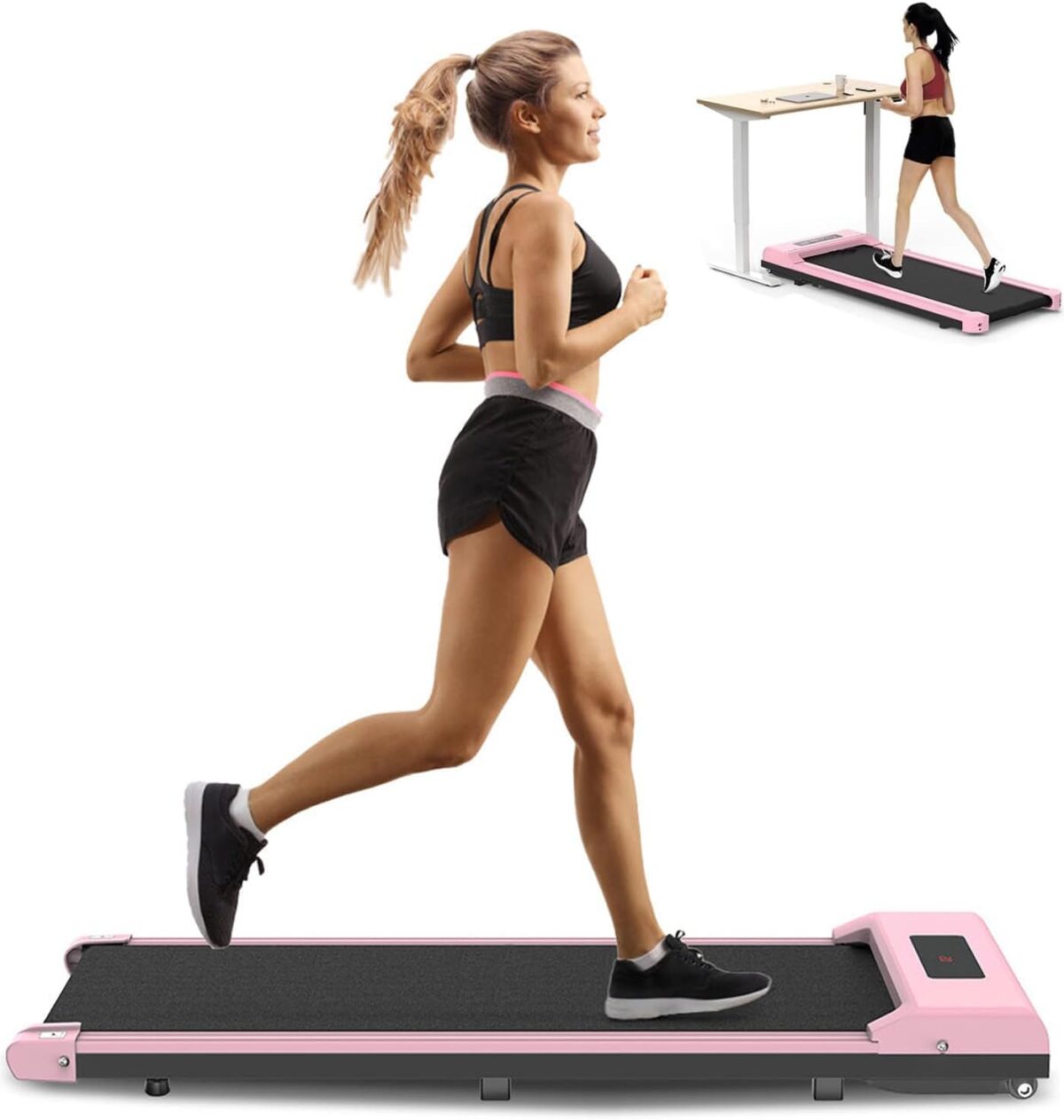 Walking Pad Treadmill, 2.5HP Under Desk Treadmill with Double Shock Absorption | Widened Running Belt | LED Display for Office Home Use, Installation Free (Pink)