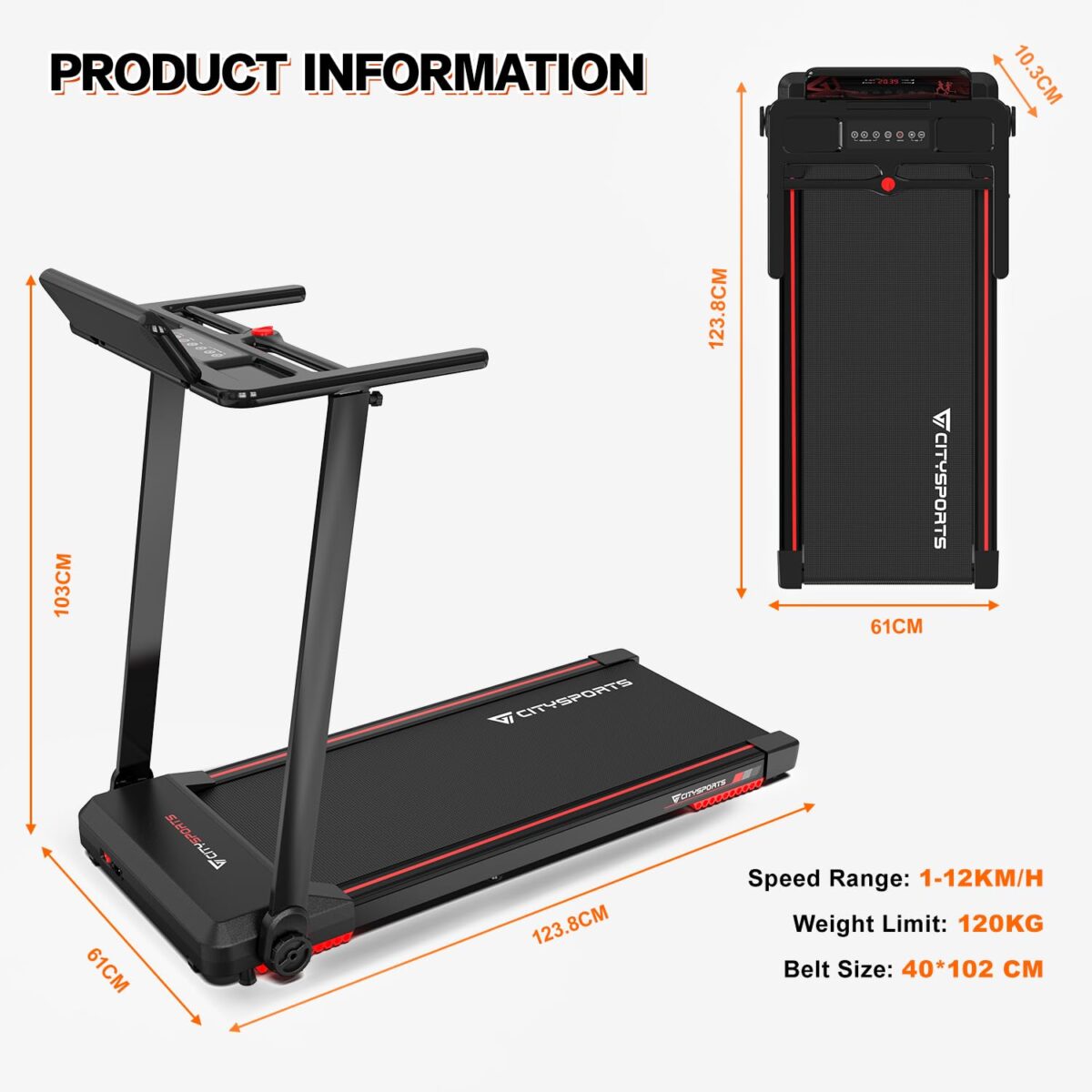 CITYSPORTS Folding Treadmill for Home,2.0HP Foldable Under Desk Treadmill Adjustable Speeds 1-12km/h,Foldable Walking Running Machine, Motorized Electric Treadmill,LED Display & Fitness App (Black)