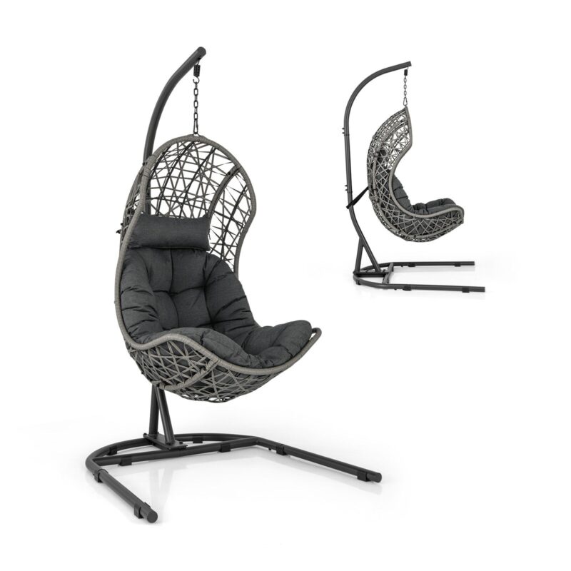 Hanging Egg Chair w/ Stand Patio Wicker Hammock Chair w/ Cushion - sportiva