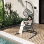 Hanging Egg Chair w/ Stand Patio Wicker Hammock Chair w/ Cushion - sportiva