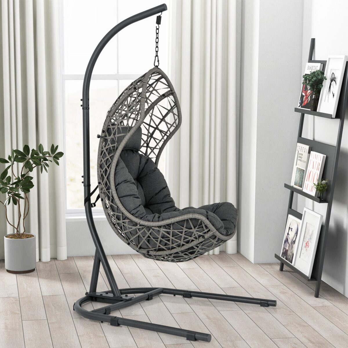 Hanging Egg Chair w/ Stand Patio Wicker Hammock Chair w/ Cushion - sportiva