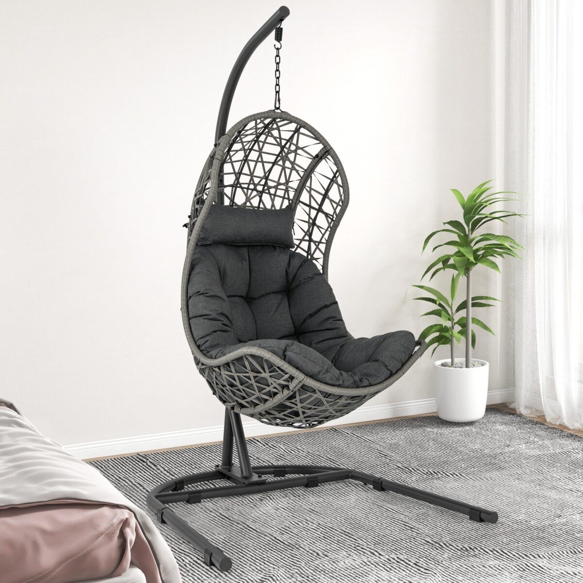 Hanging Egg Chair w/ Stand Patio Wicker Hammock Chair w/ Cushion - sportiva