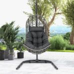 Hanging Egg Chair w/ Stand Patio Wicker Hammock Chair w/ Cushion - sportiva