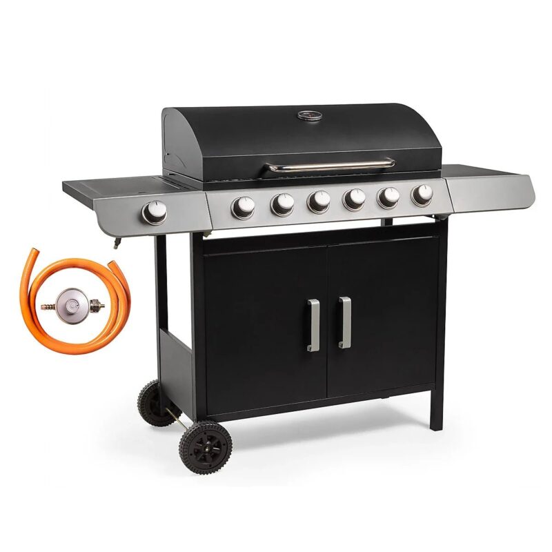 VonHaus Gas BBQ, 6+1 Burner Gas Barbecue w/ Warming Rack, Side Burner, Temperature Gauge, Cabinet Storage & Wheels for Meat & Veg - sportiva